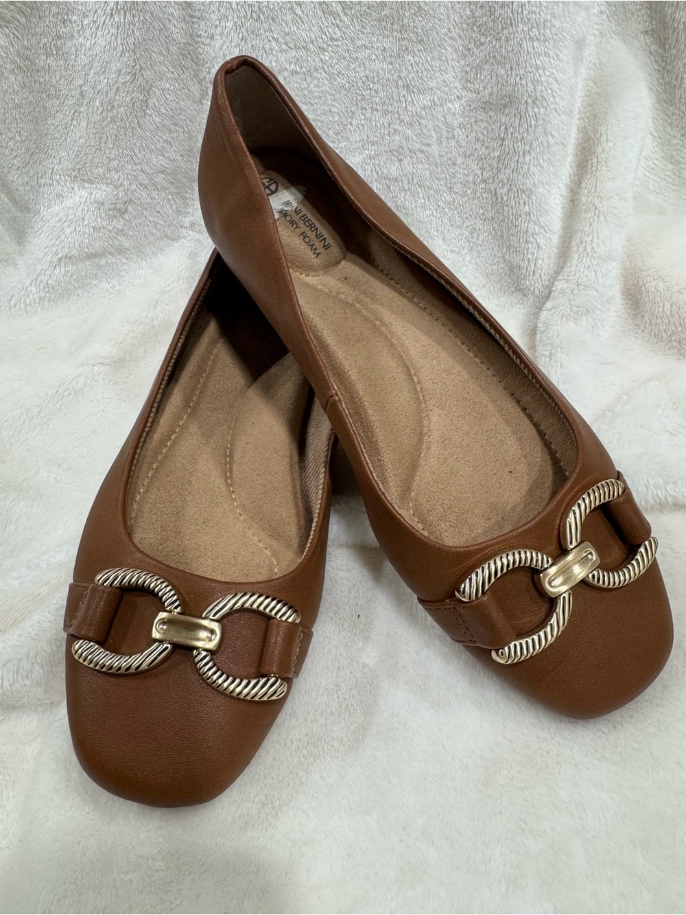 Women's Brown Slip-On Ballet Flats with Gold-Tone Linking Detail